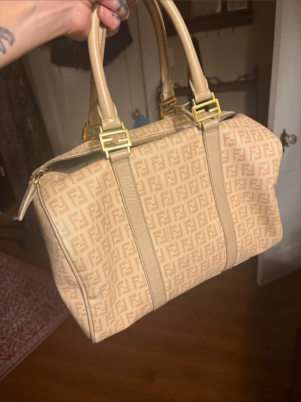 Fendi Beige Monogram Satchel with Gold Hardware